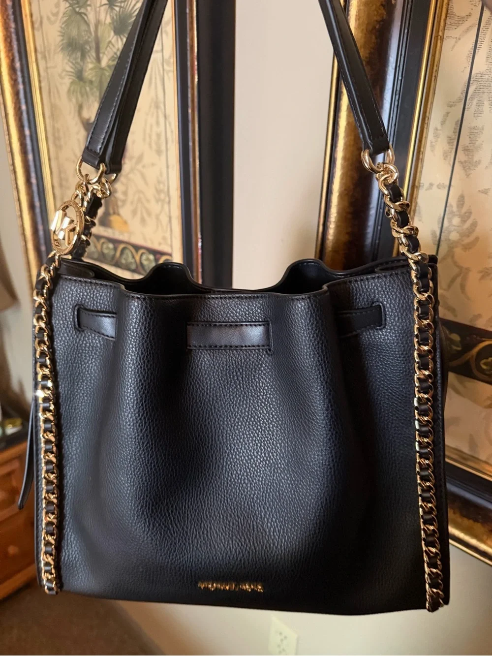 Michael Kors Black Leather Shoulder Bag with Gold Chain Straps